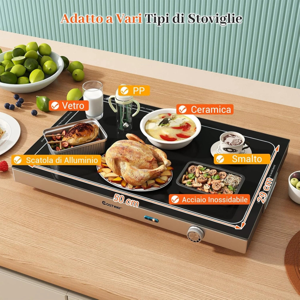 COSTWAY Vassoio Riscaldante Elettrico, con Temperatura Regolabile, Scaldavivande in Vetro Temperato con Termostato per Buffet, Feste ed Eventi, 50 x 29 cm