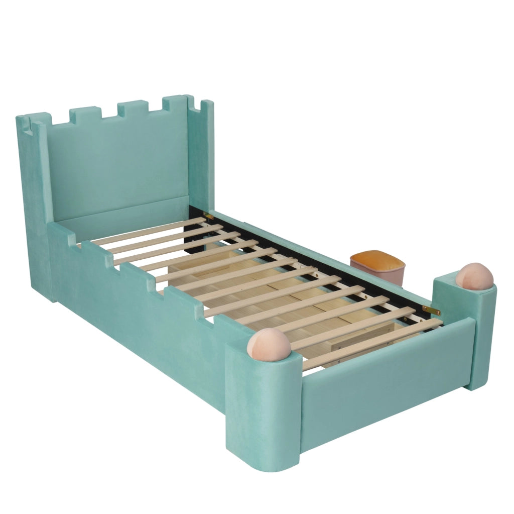 Letto imbottito 90x200 cm con mensola pieghevole e cassetto contenitore in velluto blu verde