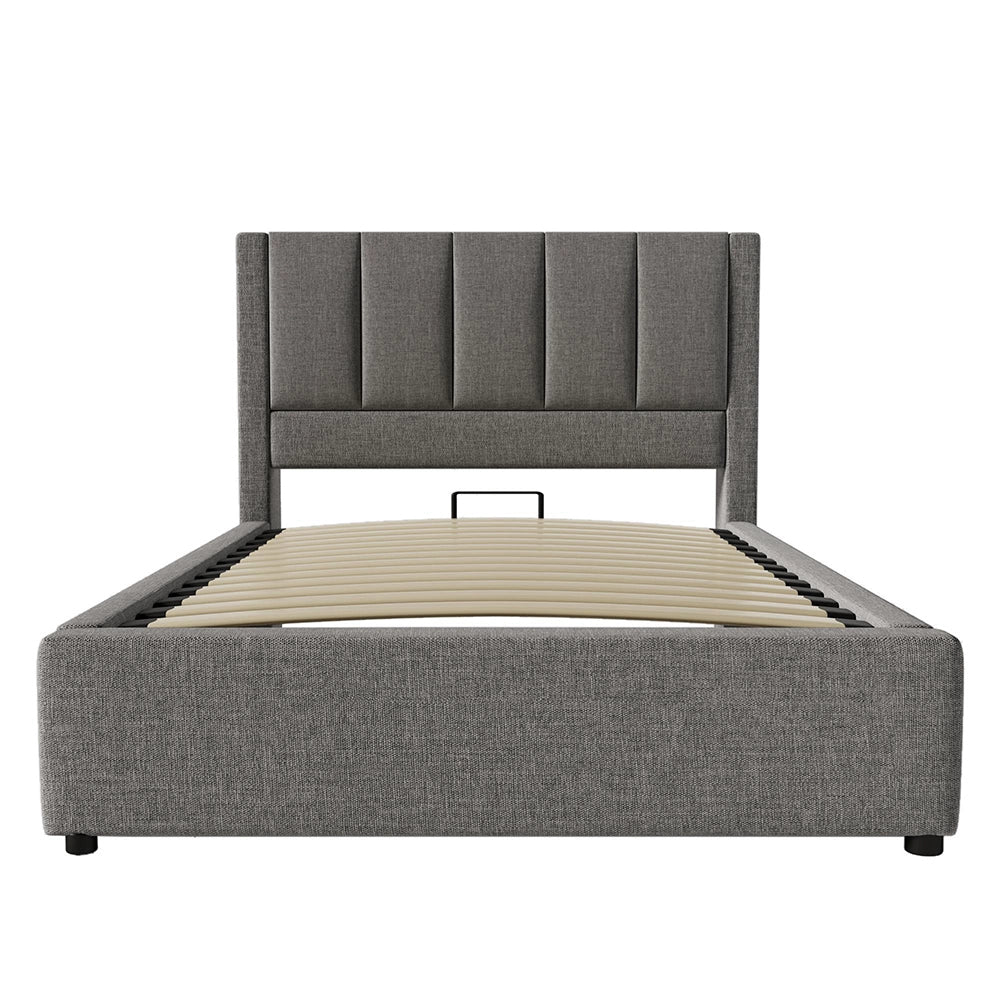 Letto imbottito-Xylo-90x200cm porta-bicchiere USB idraulico lino grigio senza materasso