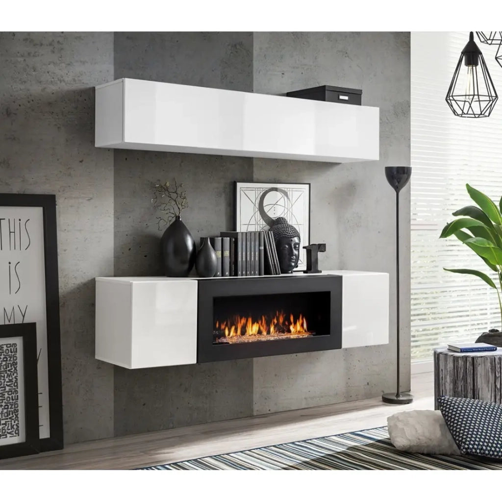 Mobile TV FLY con caminetto bio-etanolo integrato – Nero e grigio perla – Design moderno