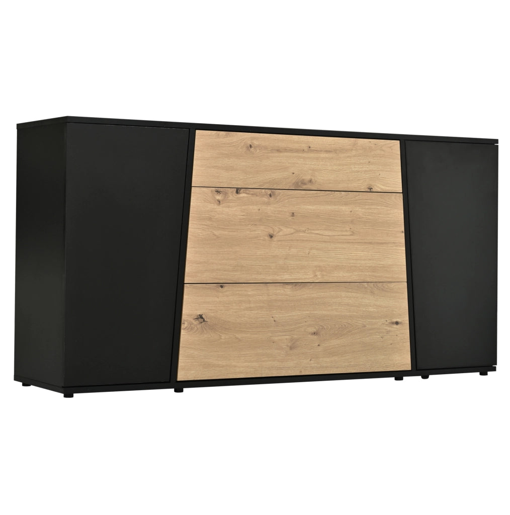 Sideboard 140×35×70 cm in MDF Nero e Legno con 3 Cassetti e 2 Ante Regolabili