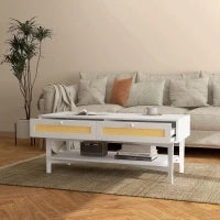 Tavolino da Caffè Boho con 2 Cassetti e Ripiano, in Rattan e Truciolato, 120x50x50 cm, Bianco e color Legno
