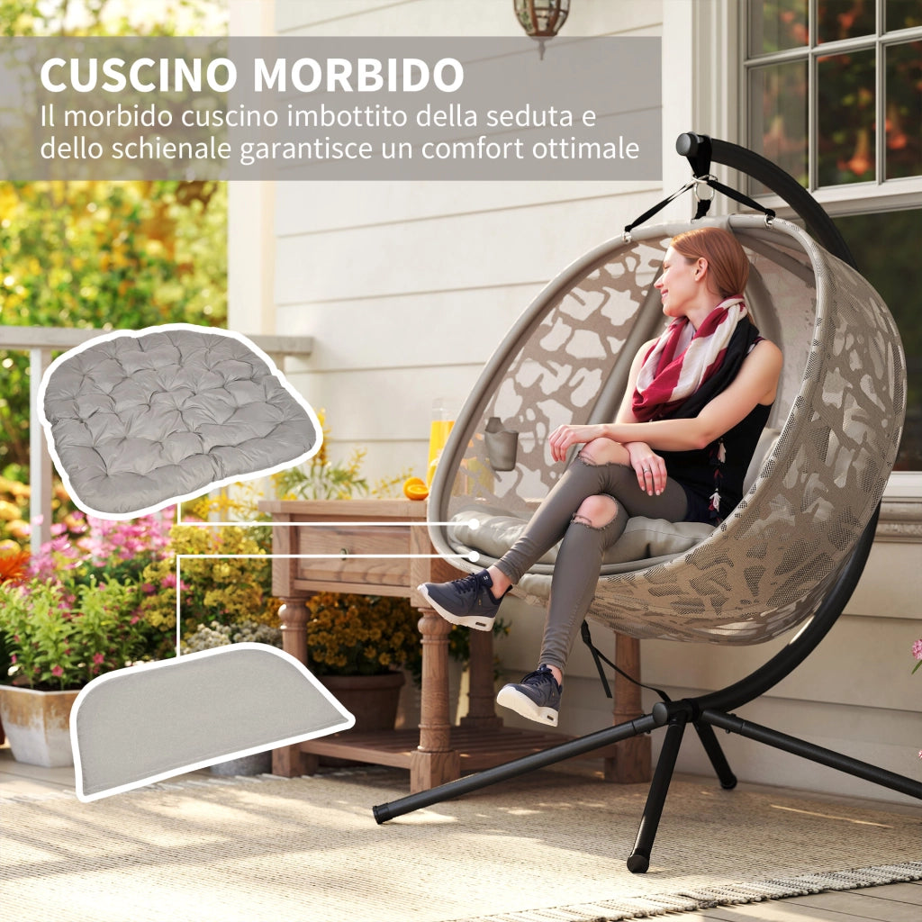 Poltrona Sospesa 2 Posti con 2 Tasche. 2 Cuscini e Cesto Pieghevole. 130x103x172 cm