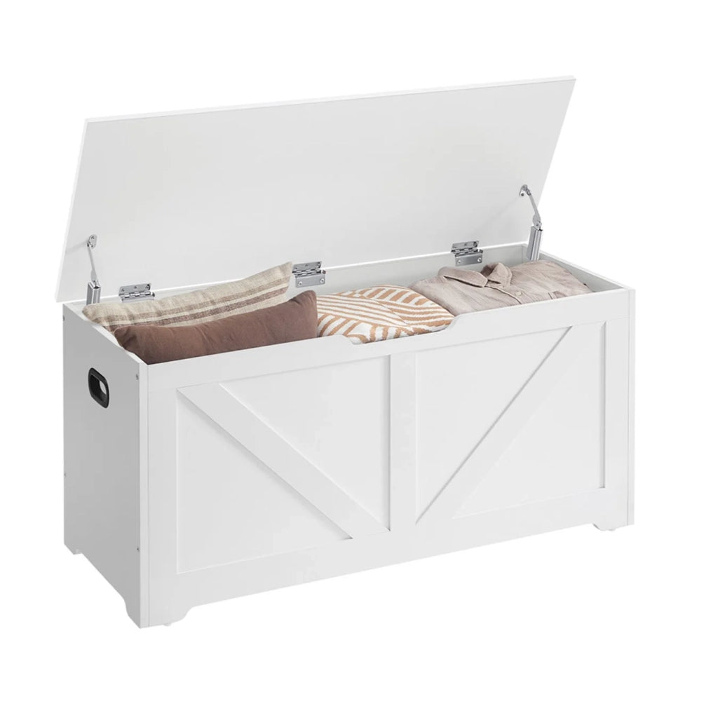 Cassapanca portaoggetti da interno scarpiera pouf panca portaoggetti per giocattoli per bambini con cerniere di sicurezza stile fienile 100 x 40 x 46 cm bianco 12_0005140