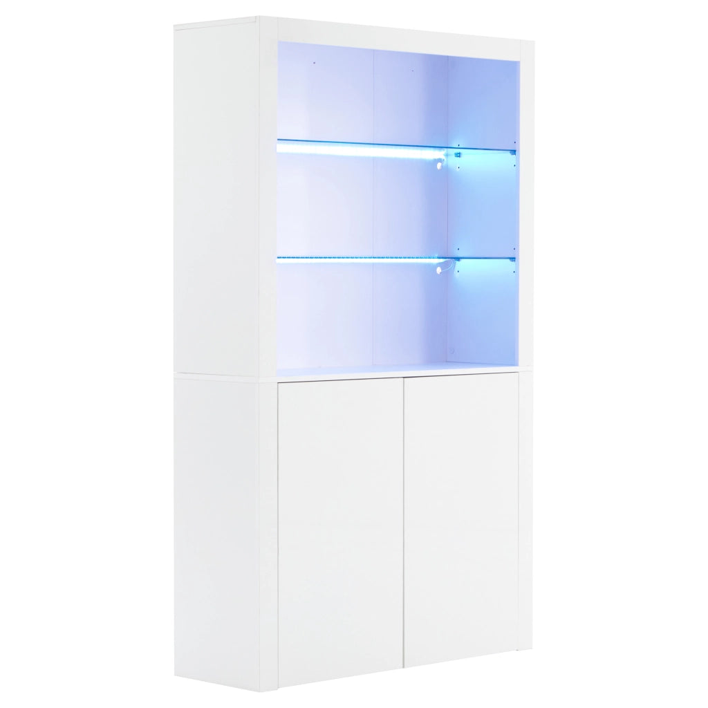 Vetrina con LED e ripiano in vetro temperato, 2 ante e vano contenitore, per soggiorno, bianco, 100 × 35 × 170 cm