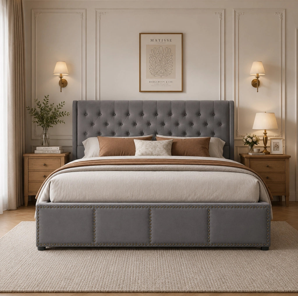 Letto imbottito contenitore 160x200 cm in velluto grigio; rete a doghe inclusa