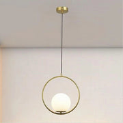 Trade Shop - Lampadario A Sospensione Cerchio Metallo Con Sfera Vetro Bianco Attacco E27 Oro 32811 -