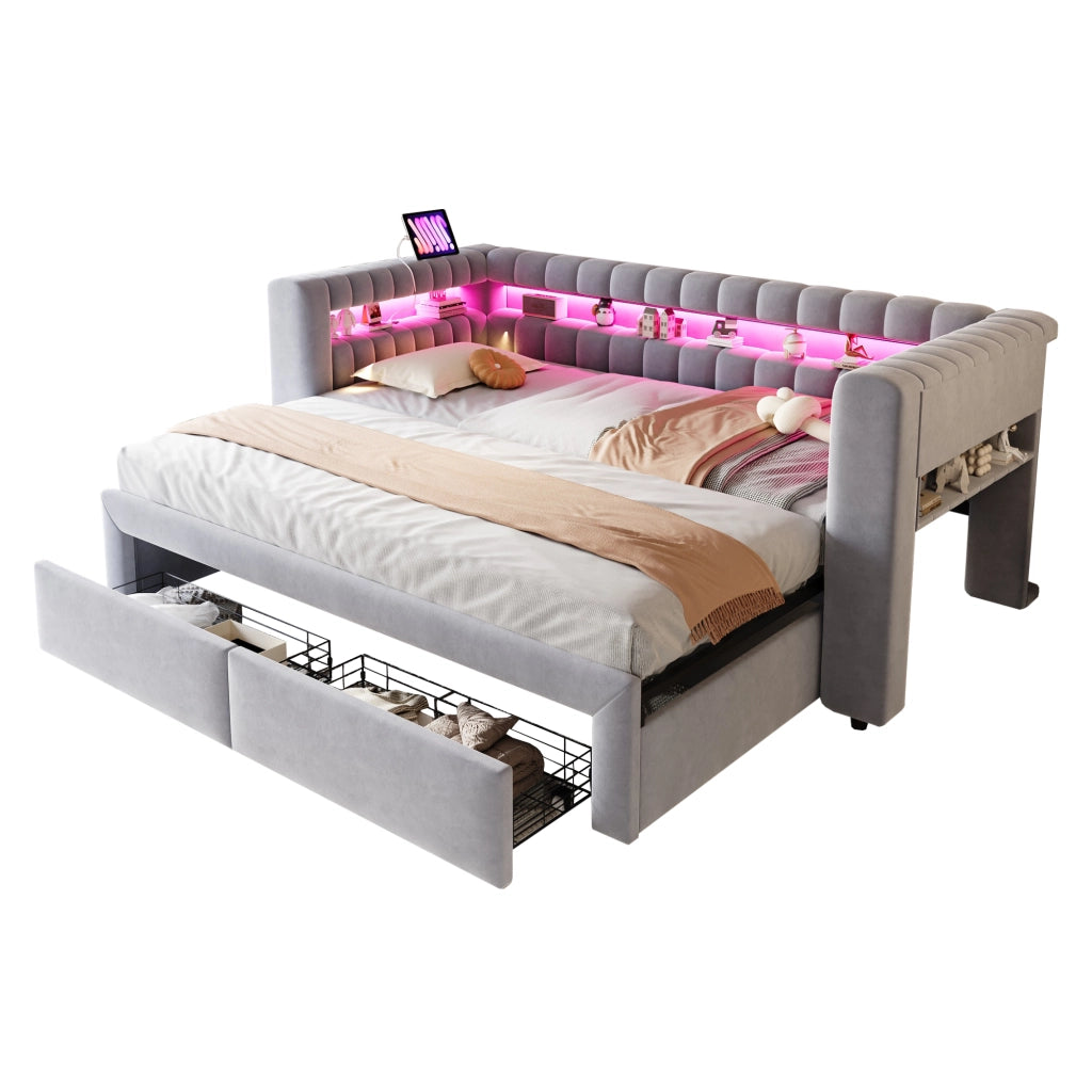 Divano letto con letto estraibile e cassetti, 90/180x190 cm, grigio chiaro