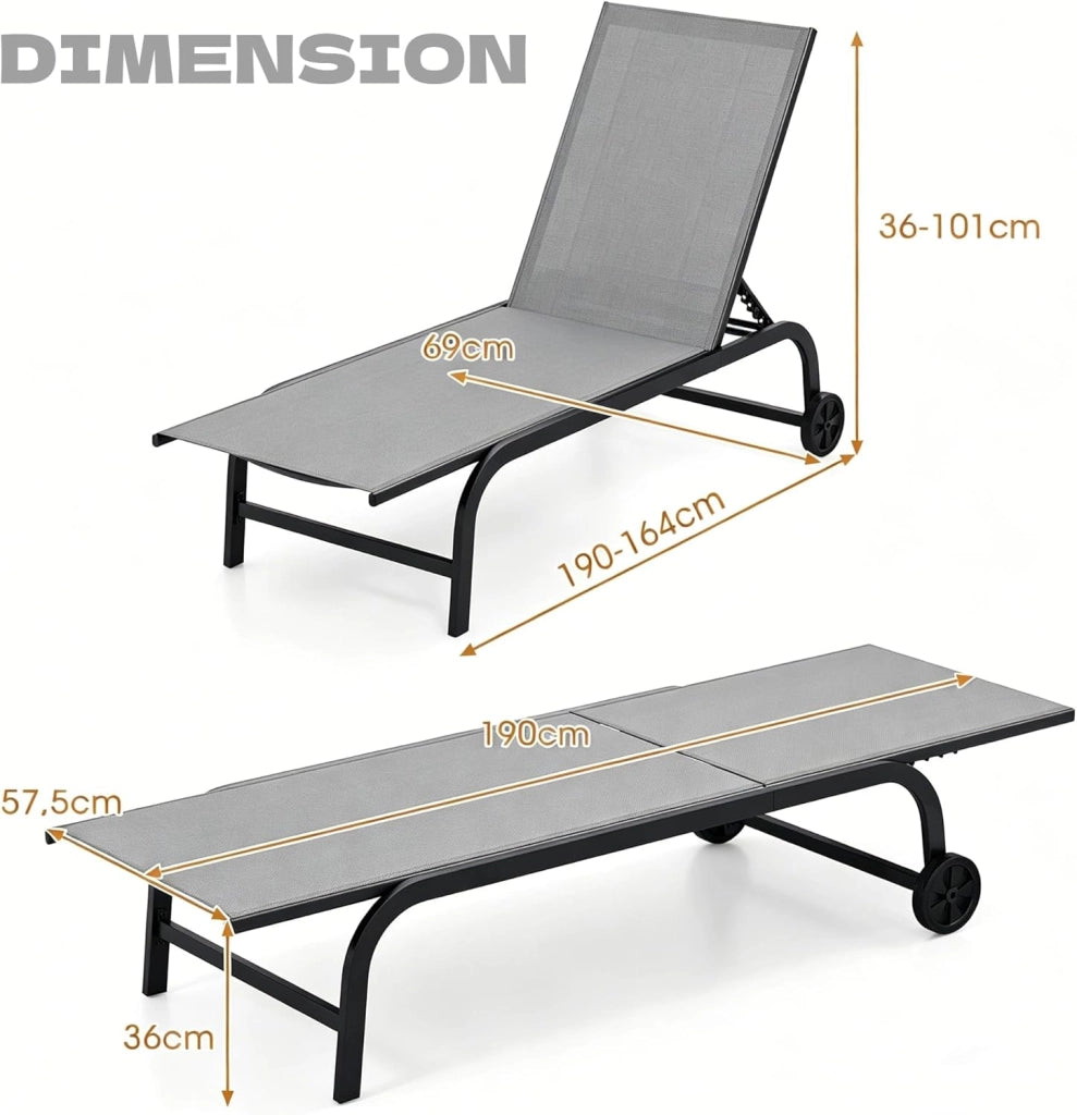 Set di 1/2 lettini da giardino con ruote, sedia a sdraio in tessuto, schienale regolabile a 6 posizioni, sedia a sdraio da esterno mobile, carico 150 kg, per balcone, terrazza, picine