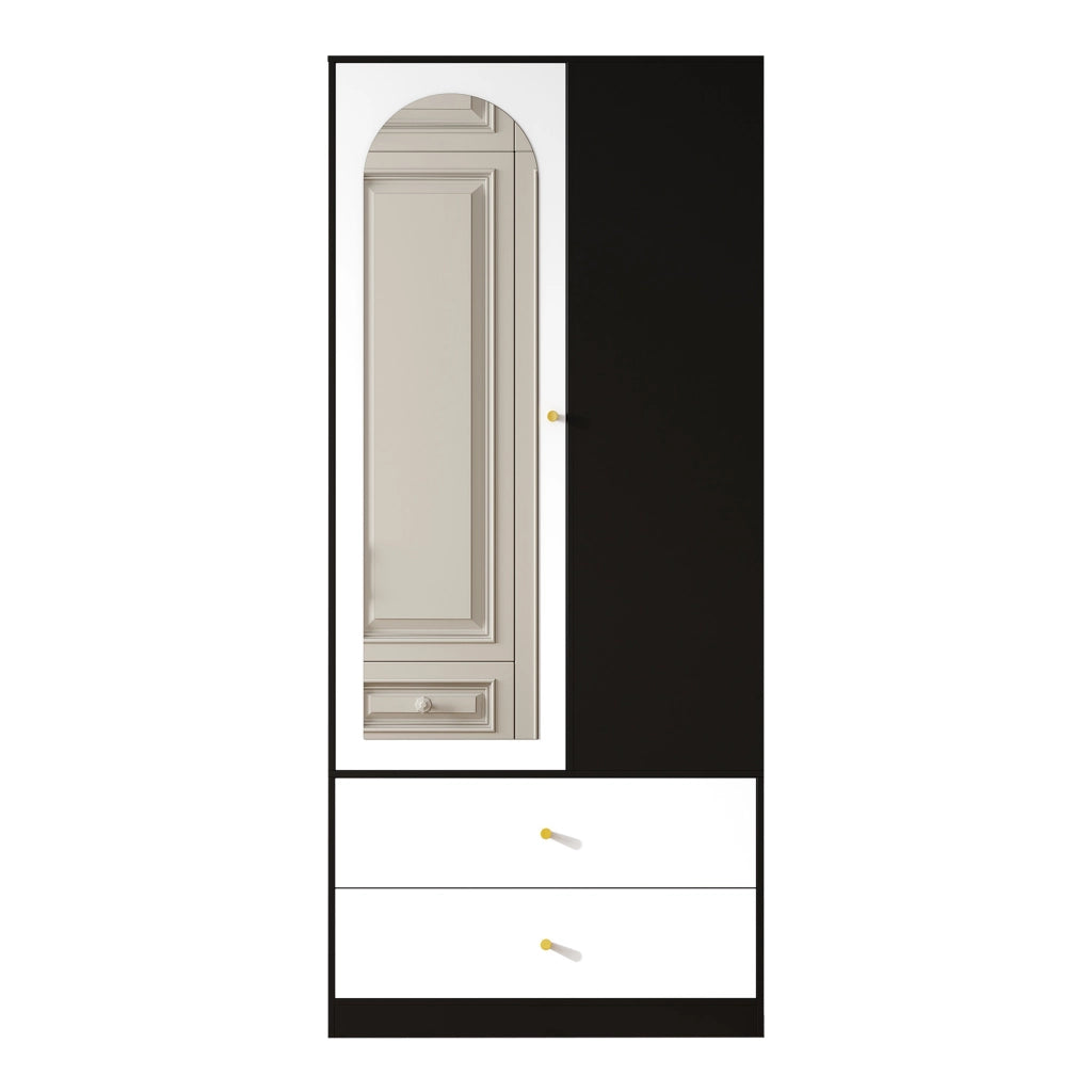 Armadio con specchio e una porta con asta appendiabiti, 2 cassetti e 4 ripiani in truciolare bianco nero 80 × 40 × 180 cm
