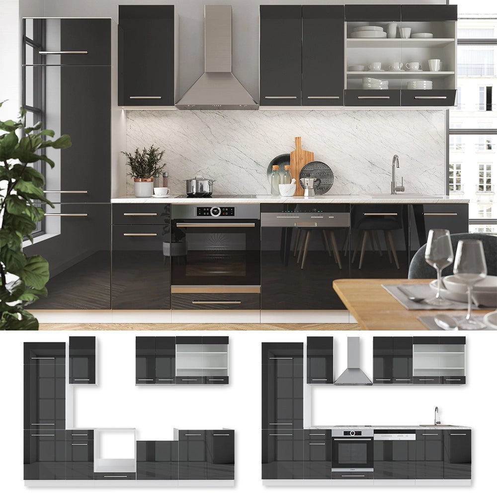 Cucina componibile Fame-Line Antracite lucido/Bianco 300 cm, PL Antracite Vicco
