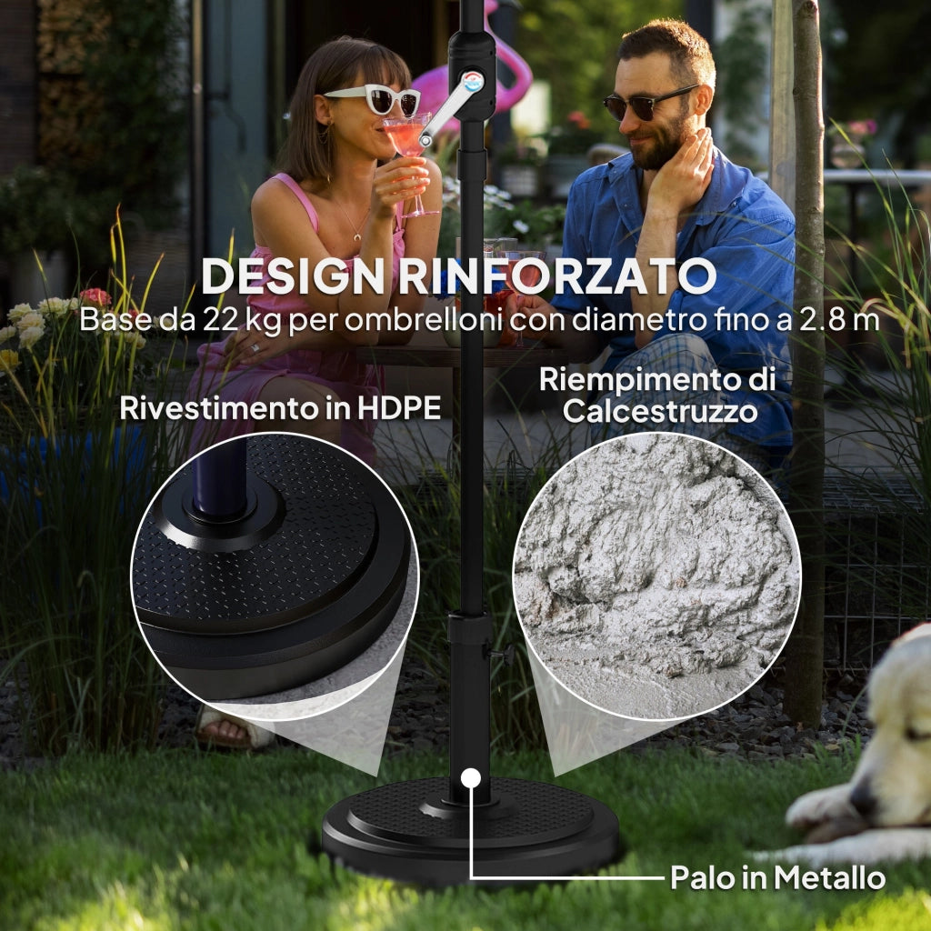 Base per Ombrellone Rotonda per Pali da Ø3,8 e Ø4,8 cm in Calcestruzzo Rivestito in HDPE Nero