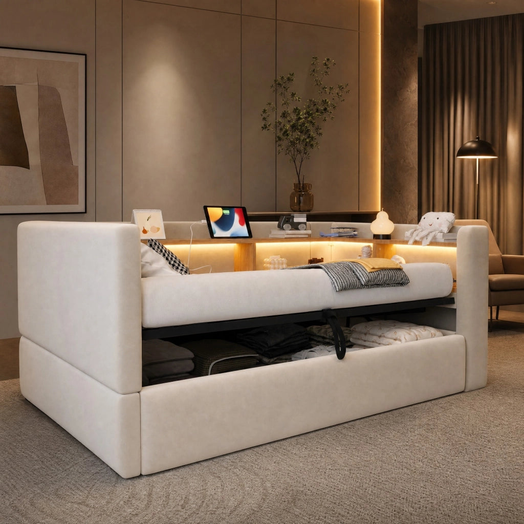 DIVANO LETTO 90x190 cm Beige in flanella con vani contenitore