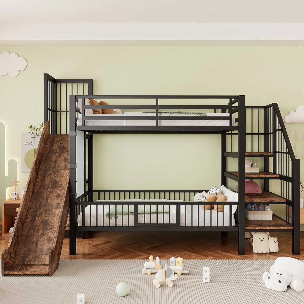 Letto a castello per bambini in metallo con scivolo, scala con contenitore e ripiani integrati 90x200 cm, nero