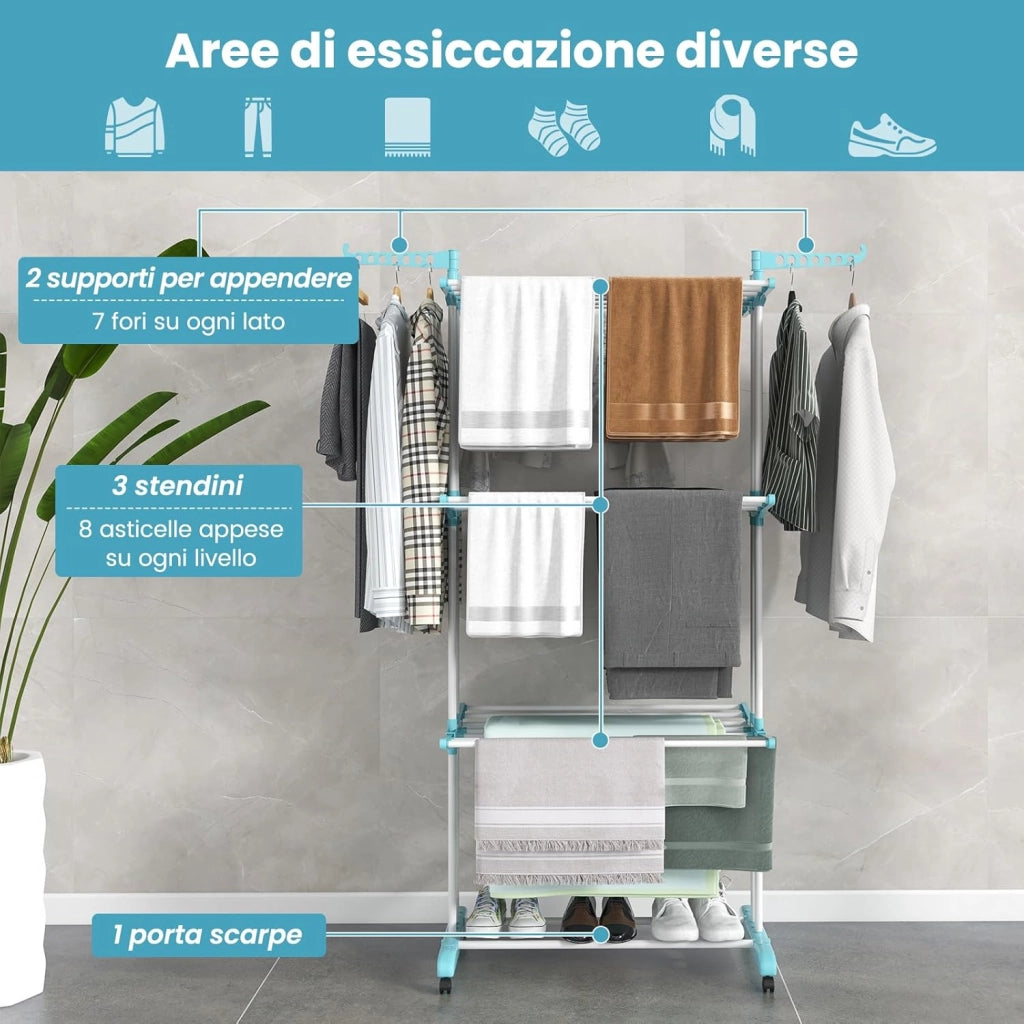 Stendibiancheria a Torre, Stendibiancheria Verticale Salvaspazio con Supporti per Grucce Girevoli e Piani Pieghevoli, Stendino Pieghevole con Ruote, 127x63x171cm (Blu)
