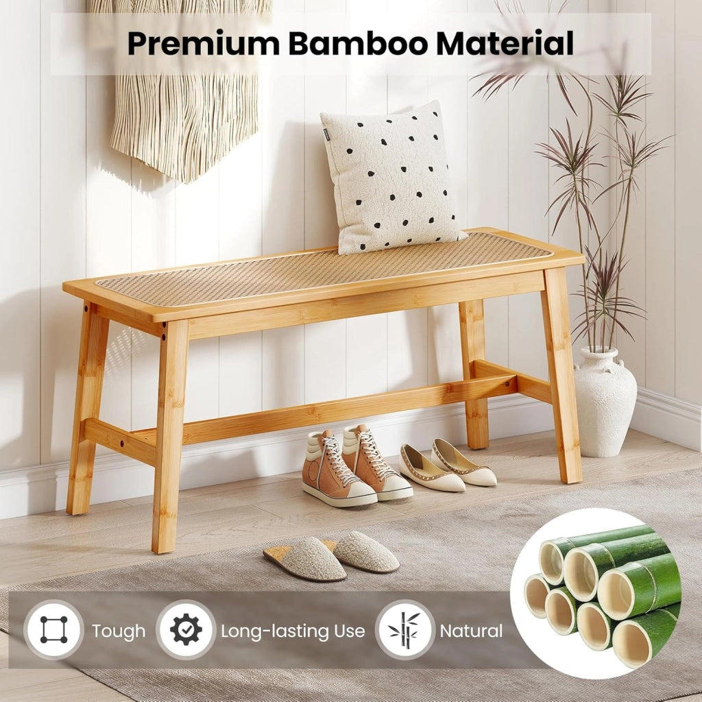 Panca d'Ingresso in Bambù, Sgabello da Pavimento con Seduta Traspirante in Rattan, Stile Rustico, 100x35x45 cm, Portata Fino a 300 kg, per Ingresso, Sala da Pranzo e Camera da Letto