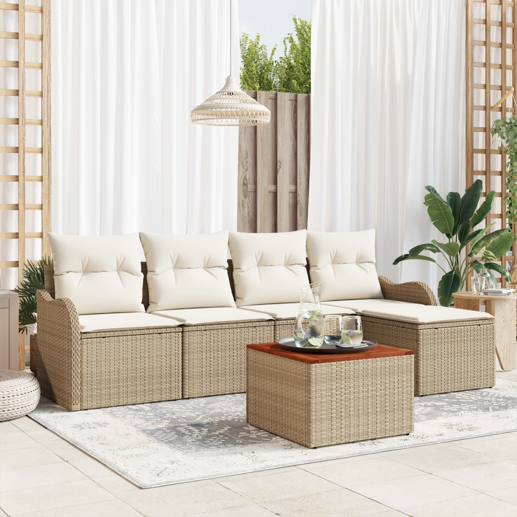 Set Divano da Giardino  6 Pezzi con Cuscini Beige Polirattan Acacia