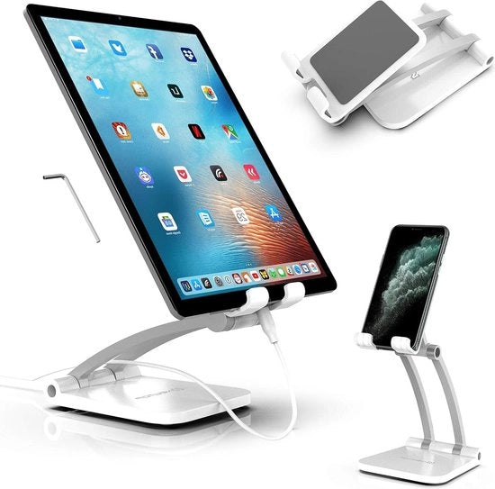 Sostegno universale regolabile per tavolo - forte e stabile fissaggio - per tablet/smartphone - bianco