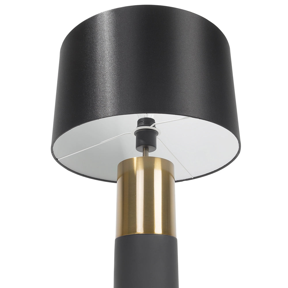 Lampada da Tavolo Comodino Grigio Chiaro Base Rotonda Tessuto Nero Paralume Rotondo Tamburo