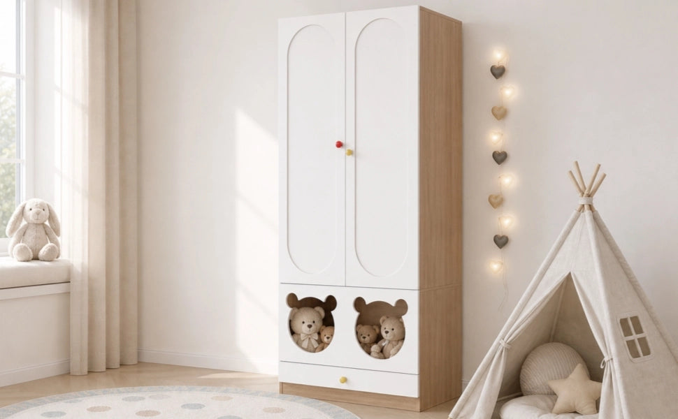 Armadio per bambini a due ante con asta appendiabiti e cassetti, 80 × 50 × 200 cm, bianco e legno naturale