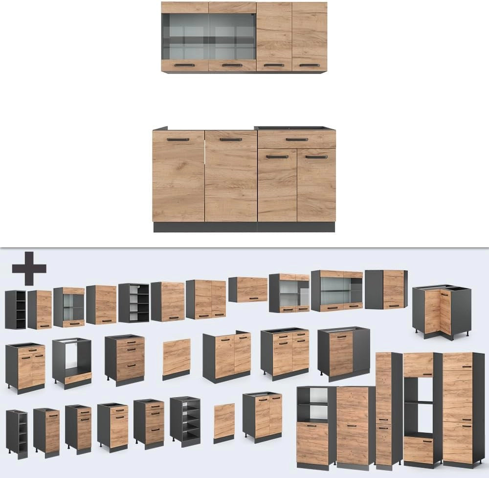 Cucina completa R-Line, Quercia dorata, 140 cm senza piano di lavoro, adatto per l'espansione flessibile con moduli aggiuntivi
