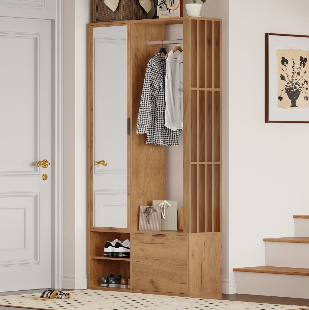 Armadio ingresso 100x33x190 cm in truciolare naturale con specchio e 9 vani