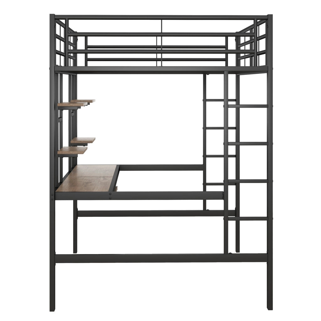 Letto a soppalco 140x200 cm con scrivania e librerie in metallo e MDF nero
