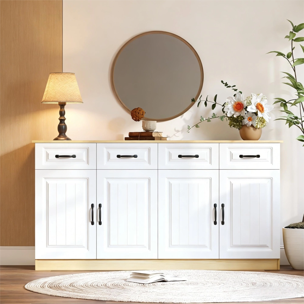 Credenza con 4 cassetti e 4 ante; 2 ripiani e 8 maniglie in metallo; per soggiorno e cucina; 160×35×80 cm