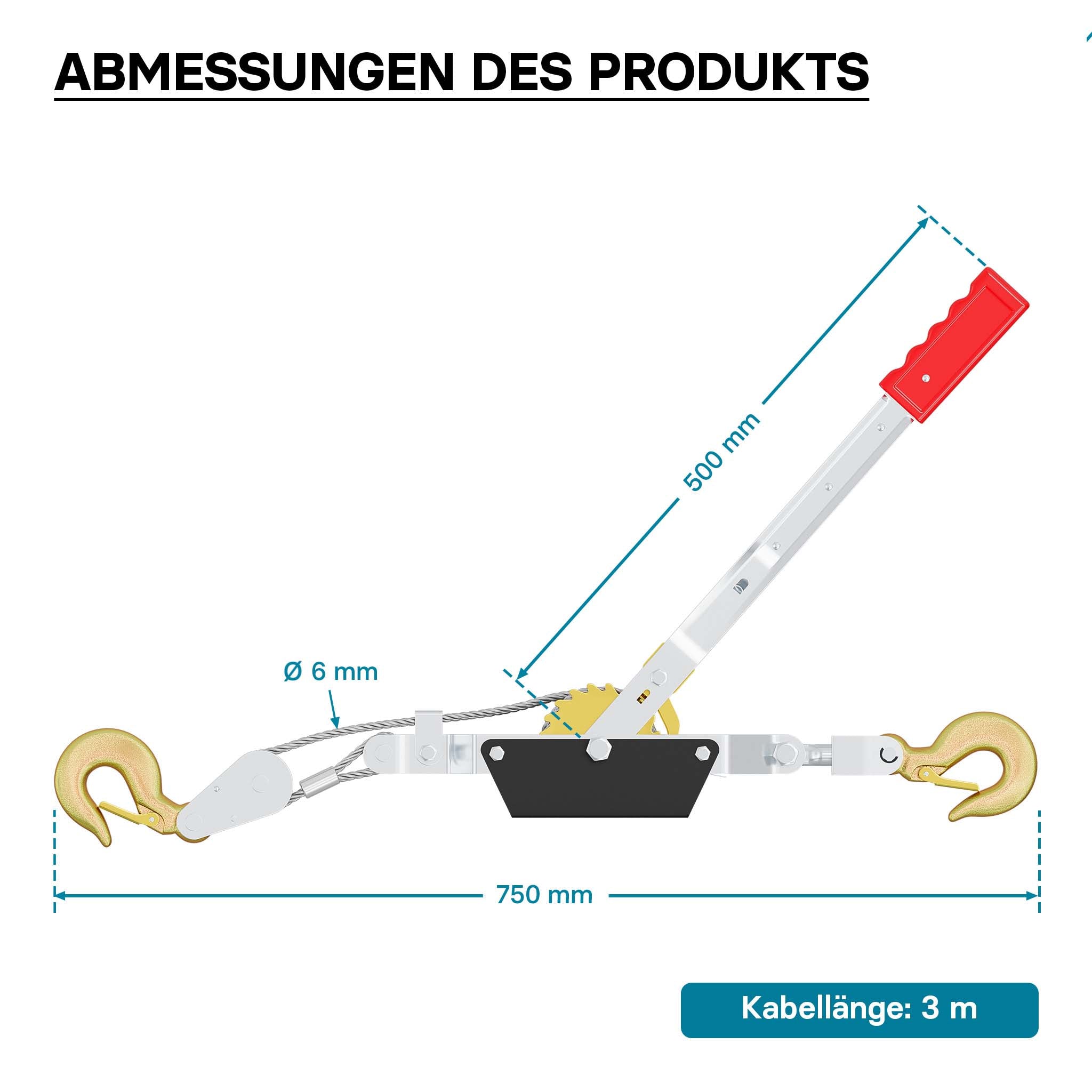 Paranco a leva max 4000 kg 3 m 2 ganci di carico Argano manuale a fune