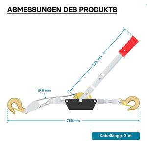 Paranco a leva max 4000 kg 3 m 2 ganci di carico Argano manuale a fune
