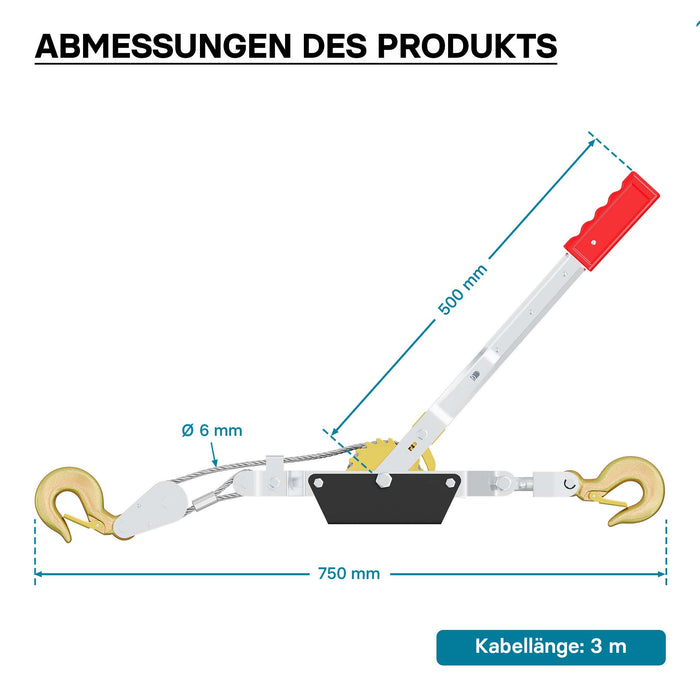 Paranco a leva max 4000 kg 3 m 2 ganci di carico Argano manuale a fune