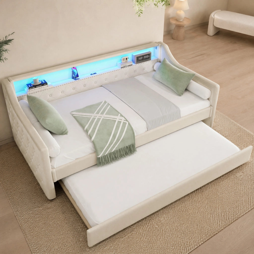 Letto singolo estraibile 90x200 cm con LED e USB beige