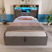 DESMIU Letto contenitore 90 × 200 cm 1 posto con LED, USB, Type-C e vani, materasso incluso, grigio
