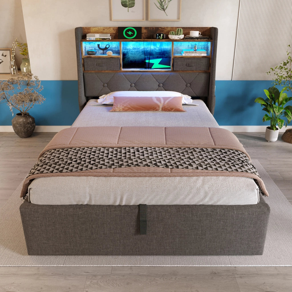 DESMIU Letto contenitore 90 × 200 cm 1 posto con LED, USB, Type-C e vani, materasso incluso, grigio