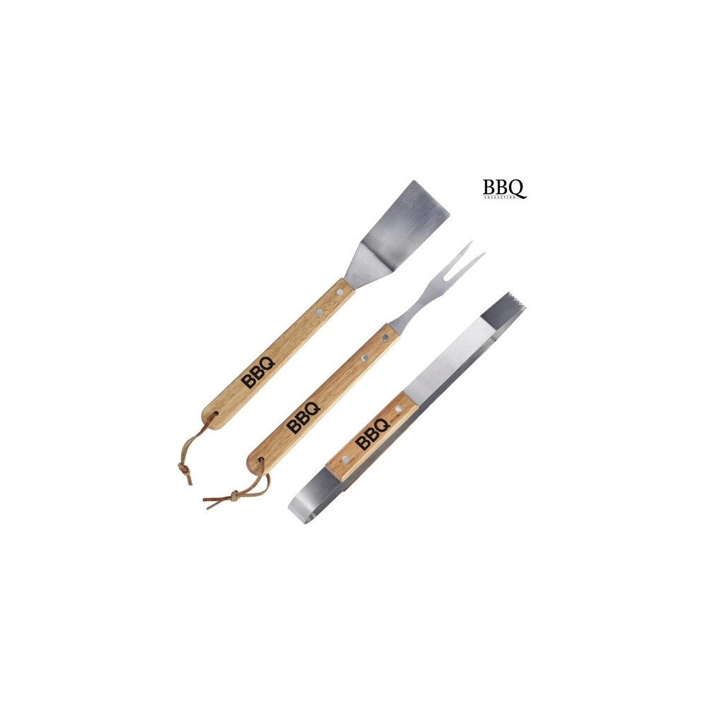 Trade Shop - Set 3 Pezzi Utensili Barbecue In Acciaio E Legno Accessori Attrezzi Bbq Tools -