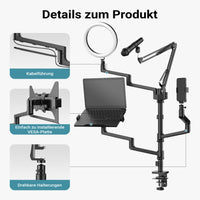 Supporto da tavolo 4in1 con 1 asta per microfono + 3 bracci articolati per accessori, con morsetto e ring light a 3 modalità, staffa per fotocamera per dirette e live