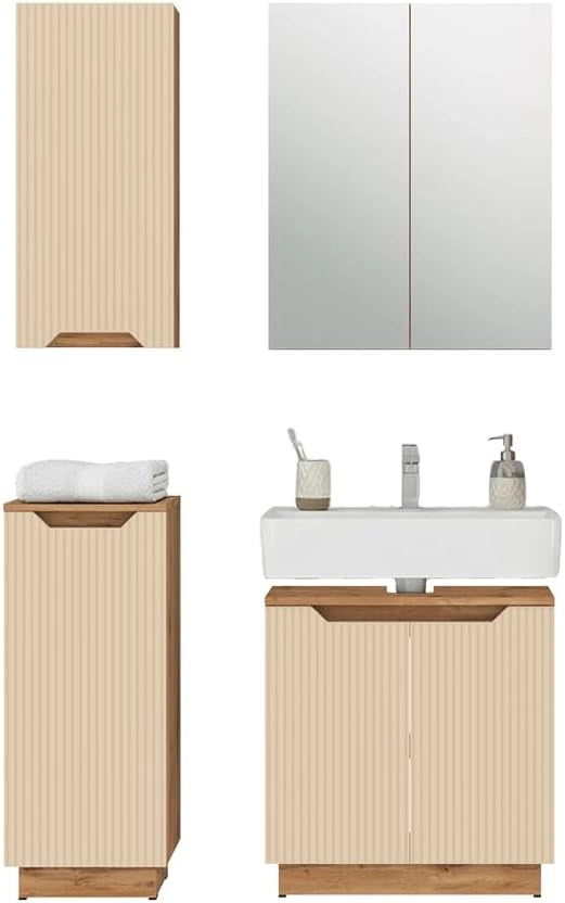 Set di mobili da bagno Lotta, Rovere/cashmere a righe, 4 parti