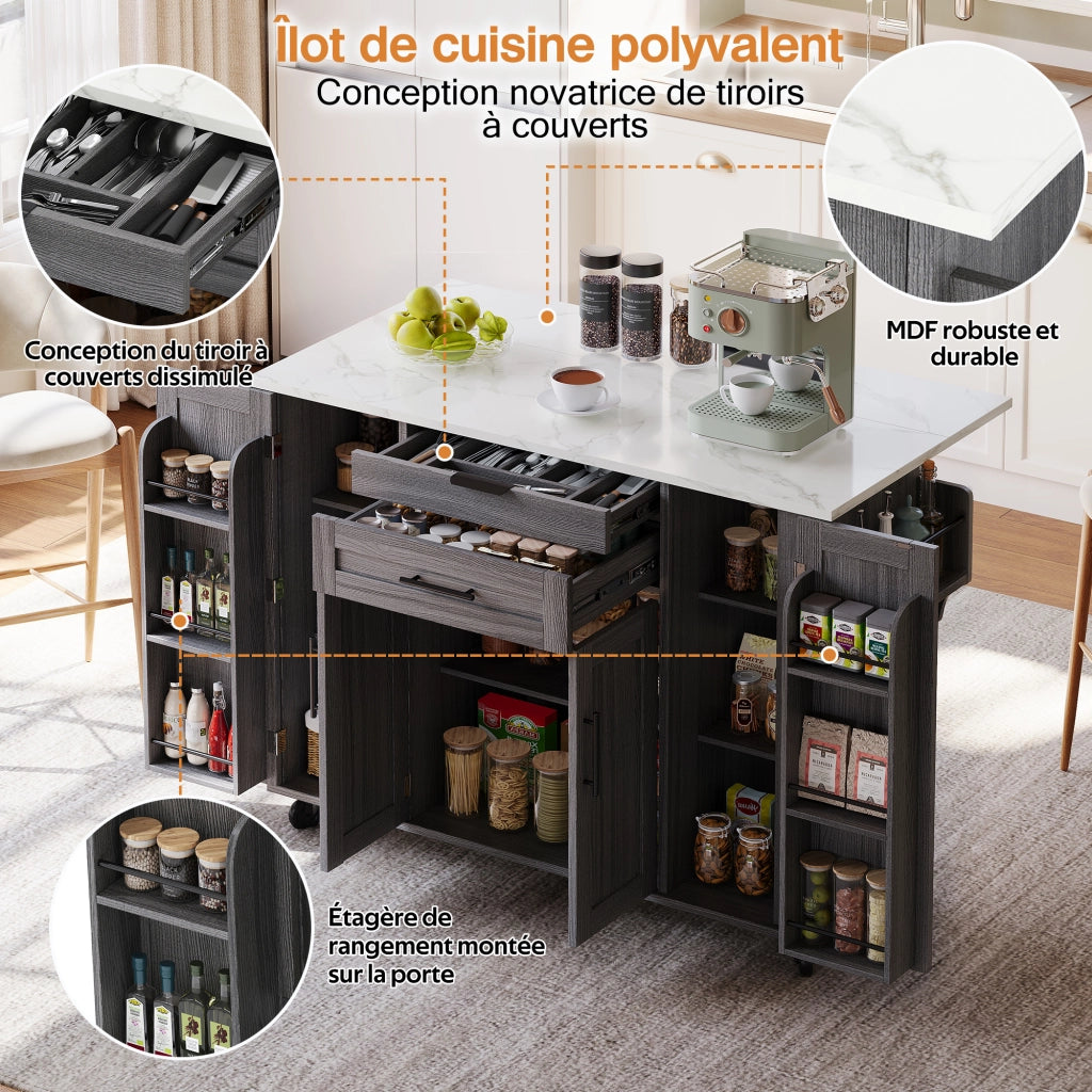 Carrello da cucina con 4 ante; 2 cassetti; ripiani regolabili; portasciugamani e portaspezie; 136 x 70 x 92 cm
