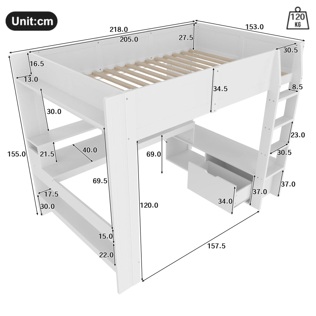 Hochbett bianco con scrivania funzione gaming in pino 140x200 cm