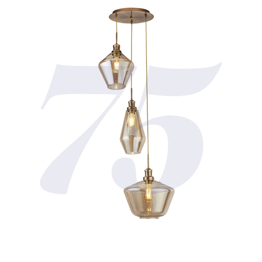 Lampadario Contemporaneo Mia Acciaio Ottone Vetro Ambra 3 Luci E27