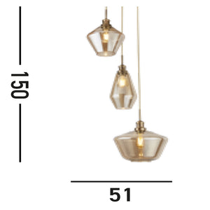 Lampadario Contemporaneo Mia Acciaio Ottone Vetro Ambra 3 Luci E27