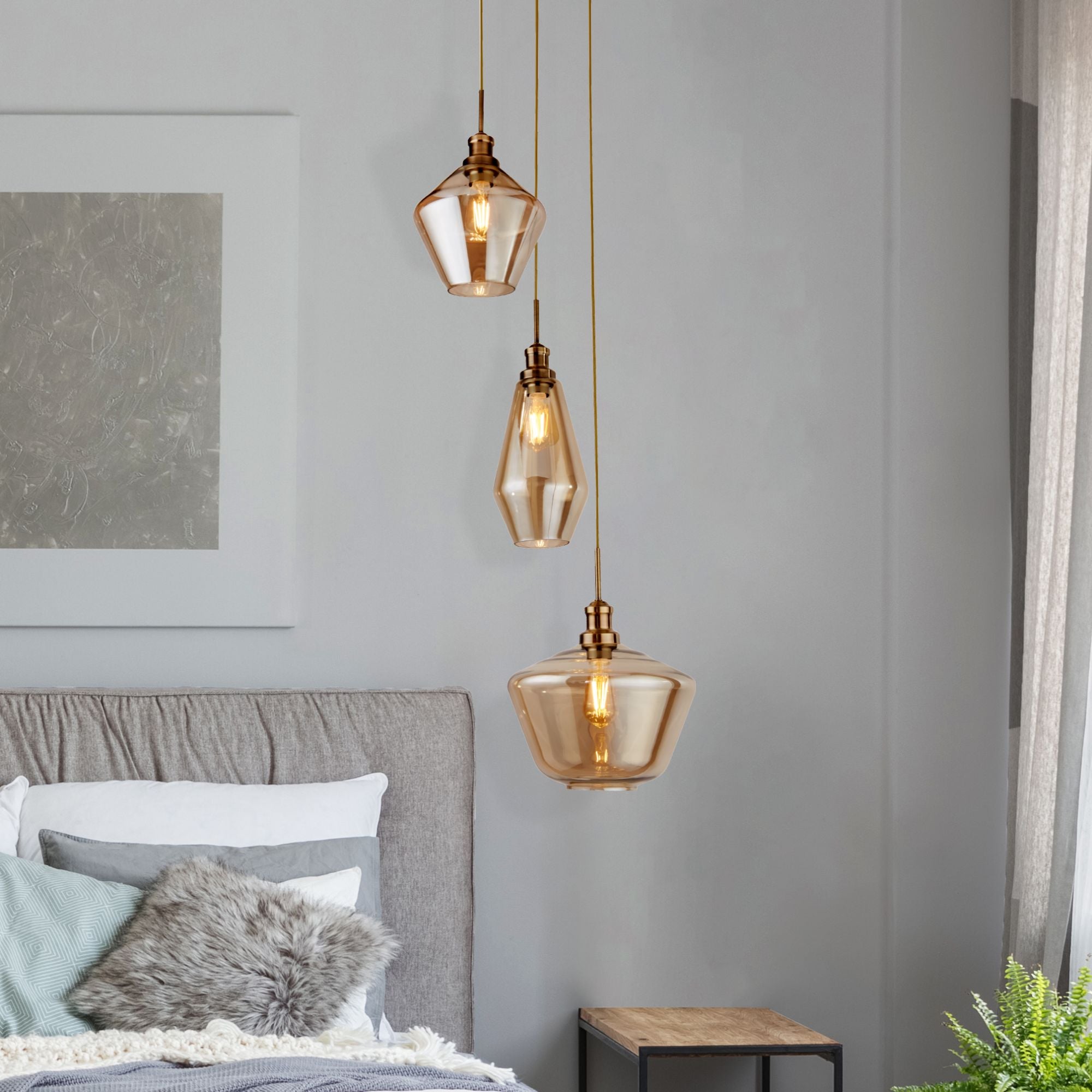 Lampadario Contemporaneo Mia Acciaio Ottone Vetro Ambra 3 Luci E27