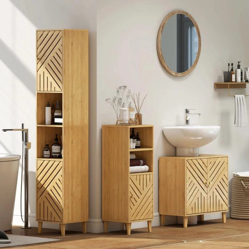MOBILE COLONNA BAGNO CON 2 ARMADIETTI E 2 RIPIANI CON SCAFFALE REGOLABILE, IN BAMB¨ E TRUCIOLATO, 32X30X170 CM