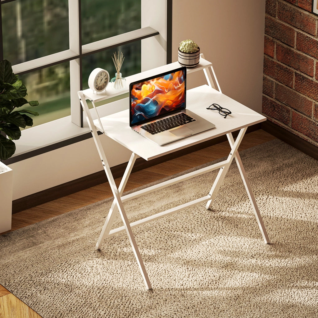 Scrivania Pieghevole 81,5x62x86,5 cm con Ripiano per Monitor Bianco