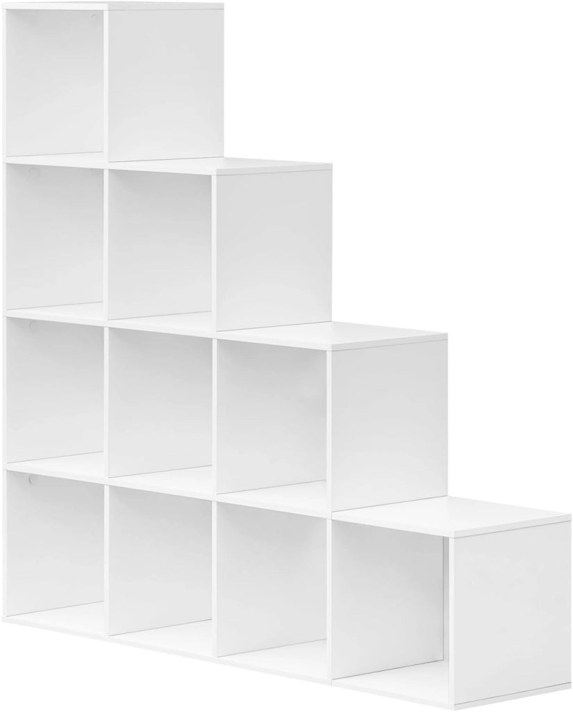 Scaffale per Libri, Scaffale per Scale Con 10 Cubi, Libreria in Legno Ingegnerizzato Bianco, per Camera da Letto, Soggiorno, Studio, Ufficio, 120x30x120cm, SK062ws