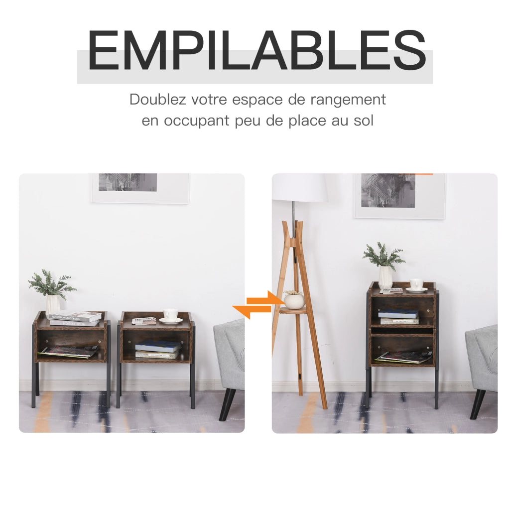 Tavolino da notte industriale impilabile ¨C zephmum ¨C legno marrone e nero 46x35x52,5 cm