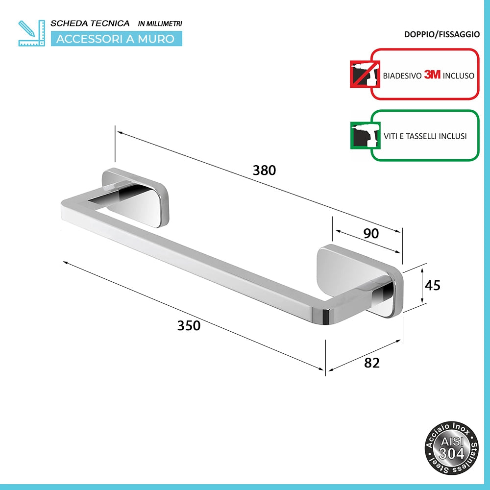 Set 3pz con appendino, porta rotolo e porta salviette a muro in acciaio cromo Cubik