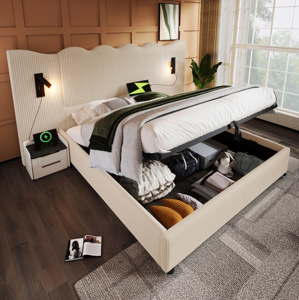 Letto contenitore 180x200 cm con lampada da lettura e USB C; velluto a coste beige