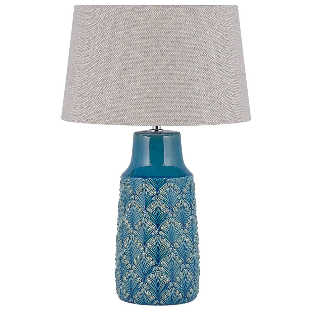 Lampada da Comodino in Ceramica Blu Mare e Grigia 55 cm Motivo Foglia Tradizionale