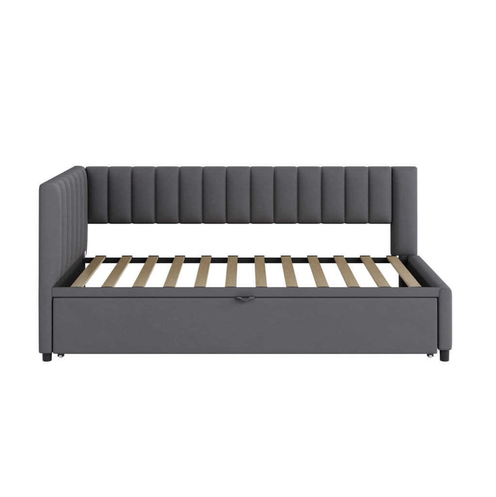 Divano letto angolare 90x200 cm estraibile; design salvaspazio; in velluto imbottito grigio